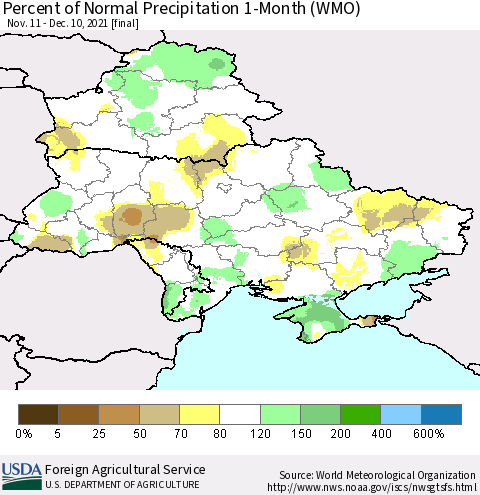 Ukraine, Moldova and Belarus Percent of Normal Precipitation 1-Month (WMO) Thematic Map For 11/11/2021 - 12/10/2021