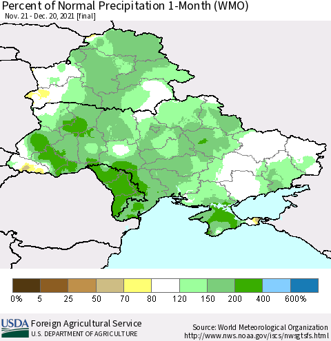 Ukraine, Moldova and Belarus Percent of Normal Precipitation 1-Month (WMO) Thematic Map For 11/21/2021 - 12/20/2021