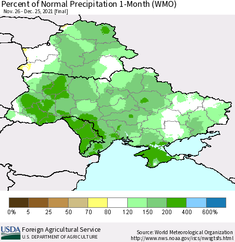 Ukraine, Moldova and Belarus Percent of Normal Precipitation 1-Month (WMO) Thematic Map For 11/26/2021 - 12/25/2021