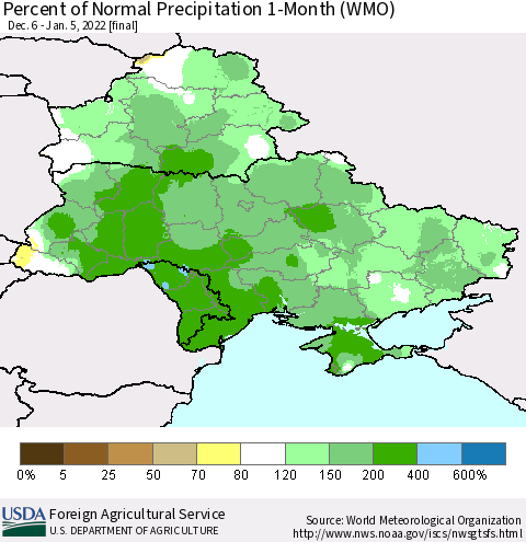 Ukraine, Moldova and Belarus Percent of Normal Precipitation 1-Month (WMO) Thematic Map For 12/6/2021 - 1/5/2022