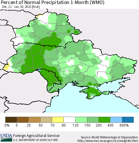 Ukraine, Moldova and Belarus Percent of Normal Precipitation 1-Month (WMO) Thematic Map For 12/11/2021 - 1/10/2022