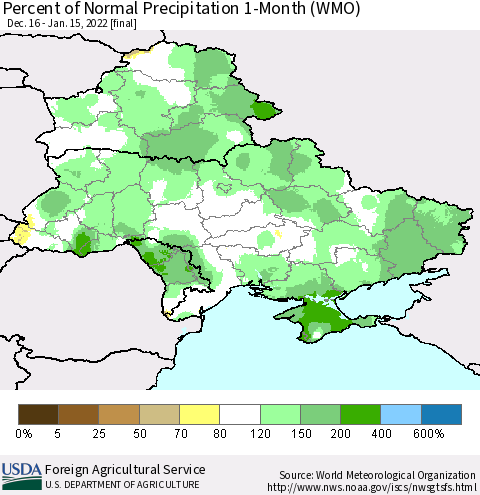 Ukraine, Moldova and Belarus Percent of Normal Precipitation 1-Month (WMO) Thematic Map For 12/16/2021 - 1/15/2022