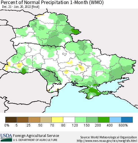 Ukraine, Moldova and Belarus Percent of Normal Precipitation 1-Month (WMO) Thematic Map For 12/21/2021 - 1/20/2022