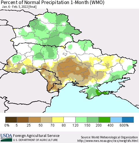 Ukraine, Moldova and Belarus Percent of Normal Precipitation 1-Month (WMO) Thematic Map For 1/6/2022 - 2/5/2022