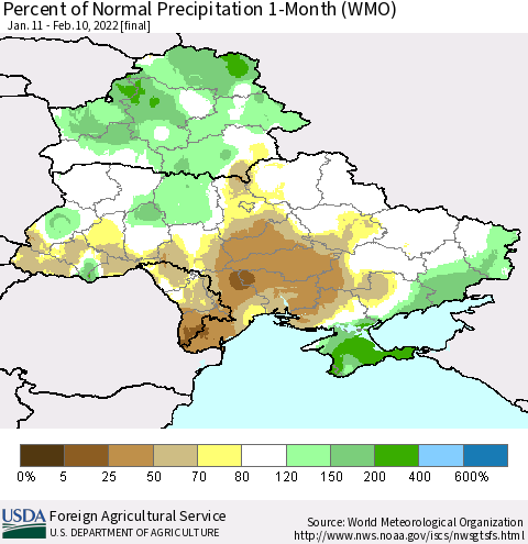 Ukraine, Moldova and Belarus Percent of Normal Precipitation 1-Month (WMO) Thematic Map For 1/11/2022 - 2/10/2022