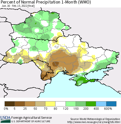 Ukraine, Moldova and Belarus Percent of Normal Precipitation 1-Month (WMO) Thematic Map For 1/16/2022 - 2/15/2022