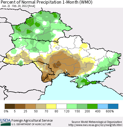 Ukraine, Moldova and Belarus Percent of Normal Precipitation 1-Month (WMO) Thematic Map For 1/21/2022 - 2/20/2022