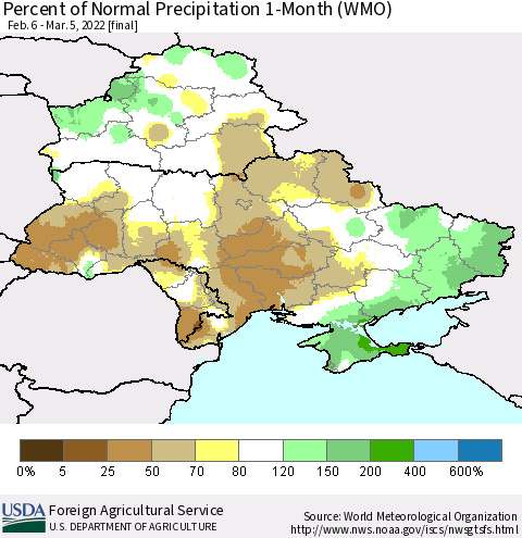 Ukraine, Moldova and Belarus Percent of Normal Precipitation 1-Month (WMO) Thematic Map For 2/6/2022 - 3/5/2022