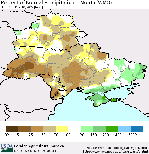Ukraine, Moldova and Belarus Percent of Normal Precipitation 1-Month (WMO) Thematic Map For 2/11/2022 - 3/10/2022