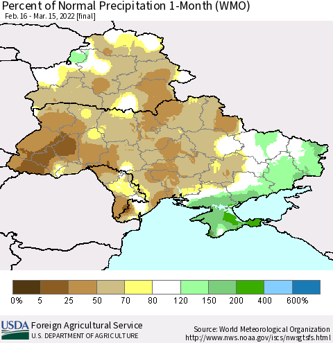 Ukraine, Moldova and Belarus Percent of Normal Precipitation 1-Month (WMO) Thematic Map For 2/16/2022 - 3/15/2022