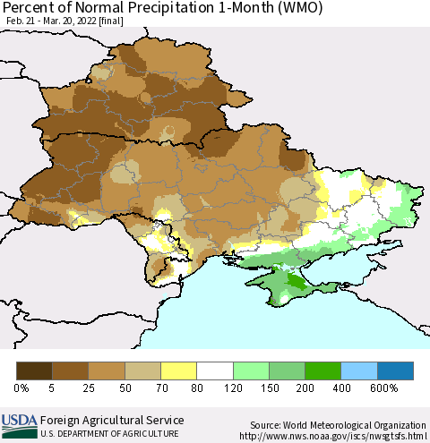 Ukraine, Moldova and Belarus Percent of Normal Precipitation 1-Month (WMO) Thematic Map For 2/21/2022 - 3/20/2022