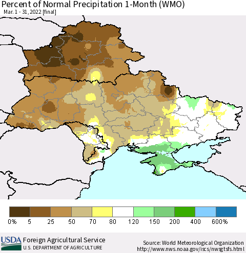 Ukraine, Moldova and Belarus Percent of Normal Precipitation 1-Month (WMO) Thematic Map For 3/1/2022 - 3/31/2022