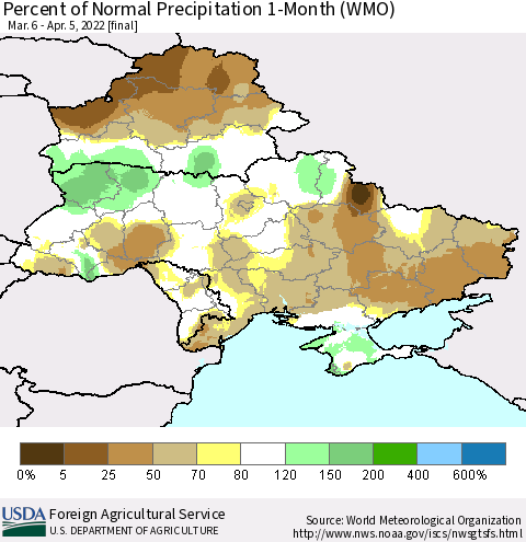 Ukraine, Moldova and Belarus Percent of Normal Precipitation 1-Month (WMO) Thematic Map For 3/6/2022 - 4/5/2022