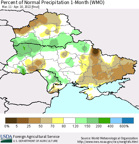 Ukraine, Moldova and Belarus Percent of Normal Precipitation 1-Month (WMO) Thematic Map For 3/11/2022 - 4/10/2022