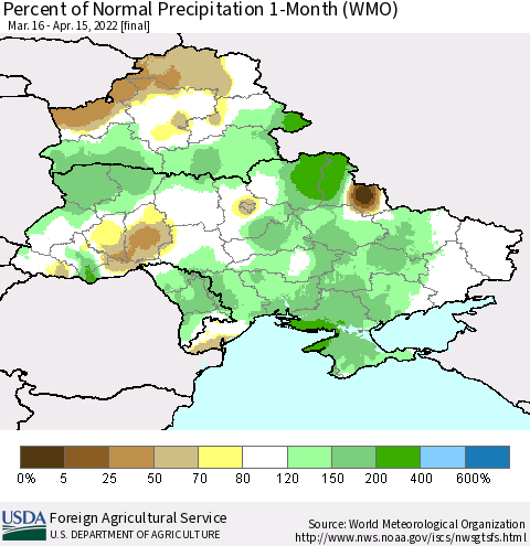 Ukraine, Moldova and Belarus Percent of Normal Precipitation 1-Month (WMO) Thematic Map For 3/16/2022 - 4/15/2022