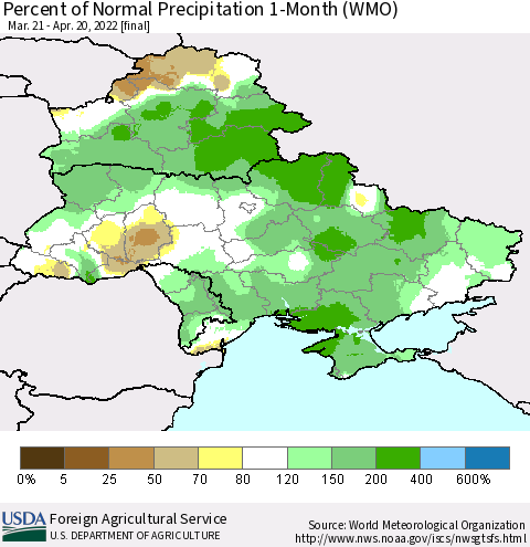 Ukraine, Moldova and Belarus Percent of Normal Precipitation 1-Month (WMO) Thematic Map For 3/21/2022 - 4/20/2022