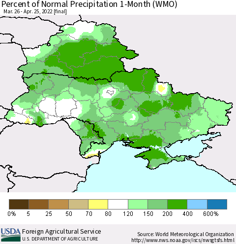 Ukraine, Moldova and Belarus Percent of Normal Precipitation 1-Month (WMO) Thematic Map For 3/26/2022 - 4/25/2022