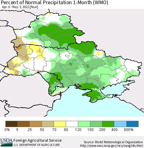 Ukraine, Moldova and Belarus Percent of Normal Precipitation 1-Month (WMO) Thematic Map For 4/6/2022 - 5/5/2022
