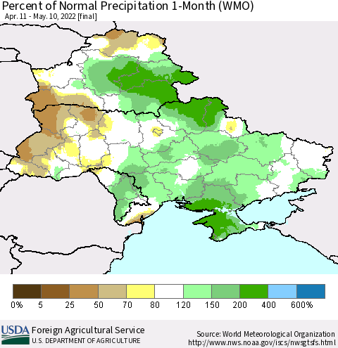 Ukraine, Moldova and Belarus Percent of Normal Precipitation 1-Month (WMO) Thematic Map For 4/11/2022 - 5/10/2022