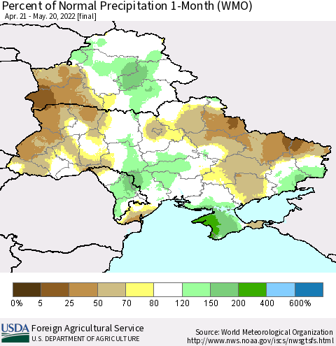 Ukraine, Moldova and Belarus Percent of Normal Precipitation 1-Month (WMO) Thematic Map For 4/21/2022 - 5/20/2022