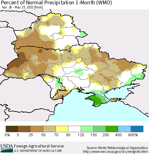 Ukraine, Moldova and Belarus Percent of Normal Precipitation 1-Month (WMO) Thematic Map For 4/26/2022 - 5/25/2022
