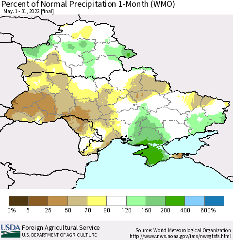 Ukraine, Moldova and Belarus Percent of Normal Precipitation 1-Month (WMO) Thematic Map For 5/1/2022 - 5/31/2022