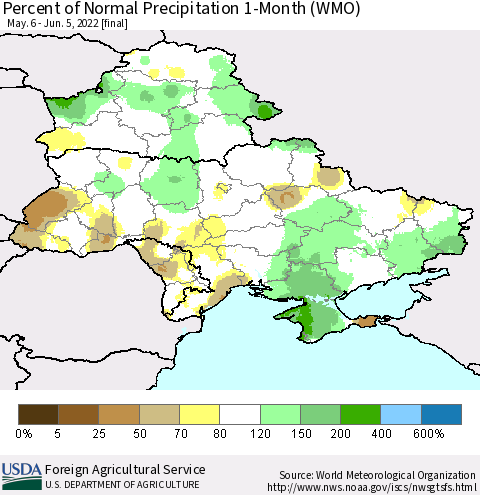 Ukraine, Moldova and Belarus Percent of Normal Precipitation 1-Month (WMO) Thematic Map For 5/6/2022 - 6/5/2022