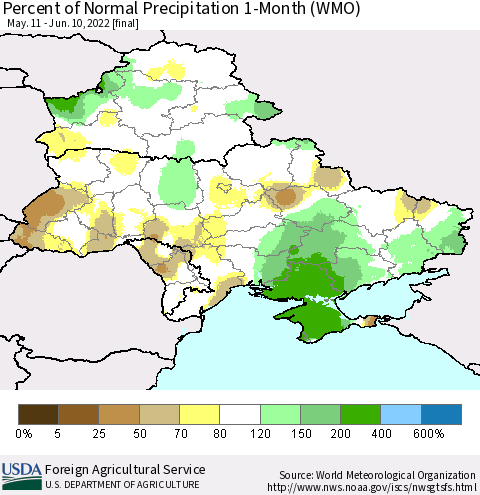 Ukraine, Moldova and Belarus Percent of Normal Precipitation 1-Month (WMO) Thematic Map For 5/11/2022 - 6/10/2022