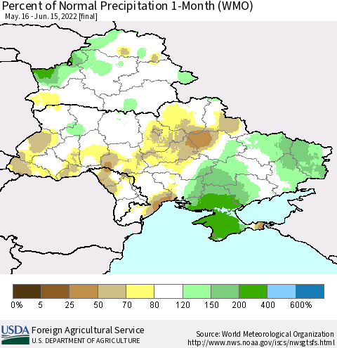 Ukraine, Moldova and Belarus Percent of Normal Precipitation 1-Month (WMO) Thematic Map For 5/16/2022 - 6/15/2022