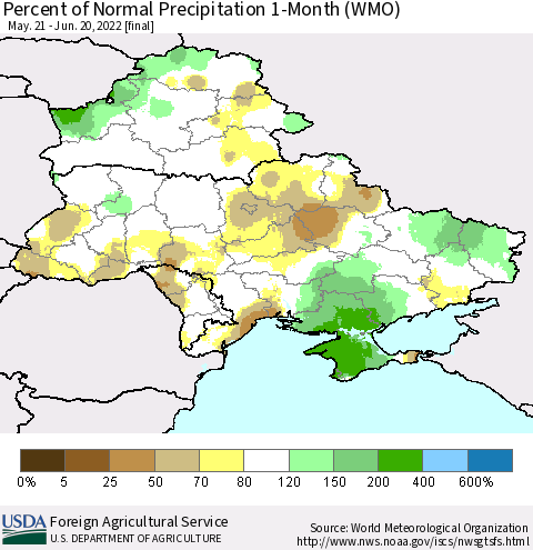 Ukraine, Moldova and Belarus Percent of Normal Precipitation 1-Month (WMO) Thematic Map For 5/21/2022 - 6/20/2022