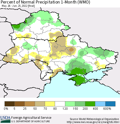 Ukraine, Moldova and Belarus Percent of Normal Precipitation 1-Month (WMO) Thematic Map For 5/26/2022 - 6/25/2022
