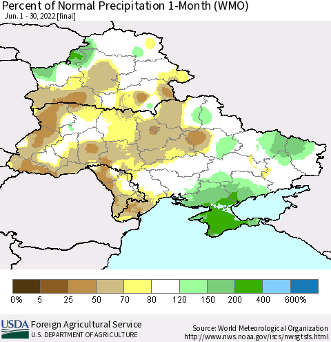 Ukraine, Moldova and Belarus Percent of Normal Precipitation 1-Month (WMO) Thematic Map For 6/1/2022 - 6/30/2022