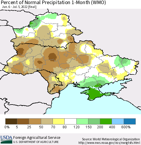 Ukraine, Moldova and Belarus Percent of Normal Precipitation 1-Month (WMO) Thematic Map For 6/6/2022 - 7/5/2022