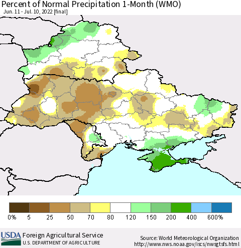Ukraine, Moldova and Belarus Percent of Normal Precipitation 1-Month (WMO) Thematic Map For 6/11/2022 - 7/10/2022