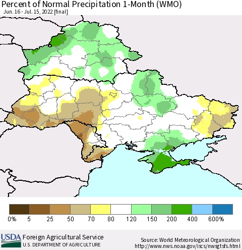 Ukraine, Moldova and Belarus Percent of Normal Precipitation 1-Month (WMO) Thematic Map For 6/16/2022 - 7/15/2022