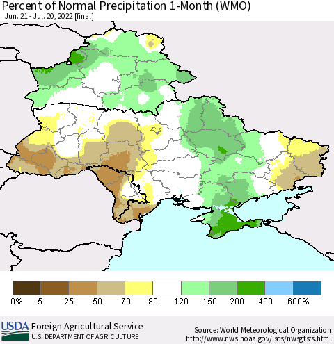 Ukraine, Moldova and Belarus Percent of Normal Precipitation 1-Month (WMO) Thematic Map For 6/21/2022 - 7/20/2022