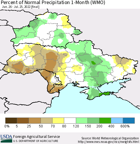 Ukraine, Moldova and Belarus Percent of Normal Precipitation 1-Month (WMO) Thematic Map For 6/26/2022 - 7/25/2022