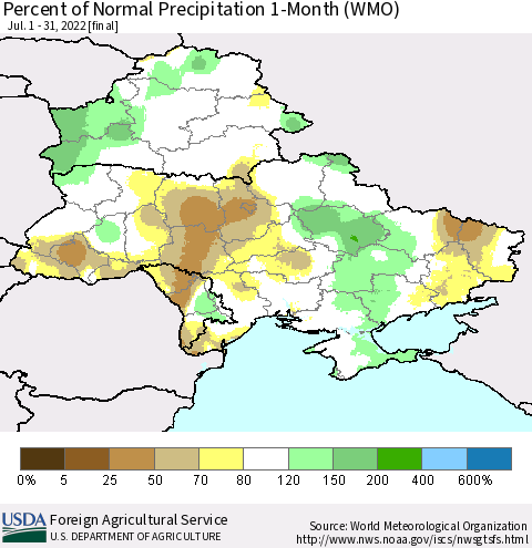 Ukraine, Moldova and Belarus Percent of Normal Precipitation 1-Month (WMO) Thematic Map For 7/1/2022 - 7/31/2022