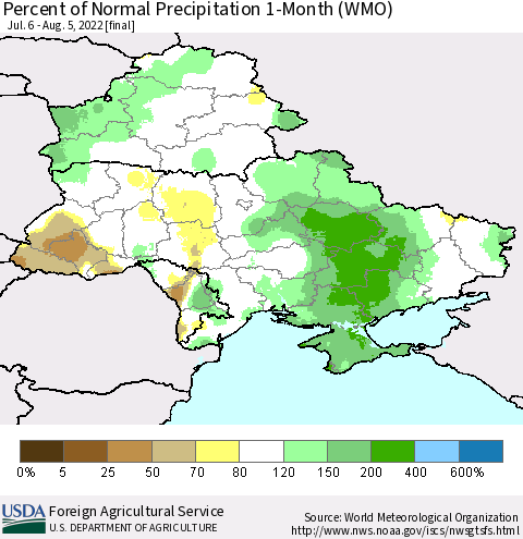 Ukraine, Moldova and Belarus Percent of Normal Precipitation 1-Month (WMO) Thematic Map For 7/6/2022 - 8/5/2022