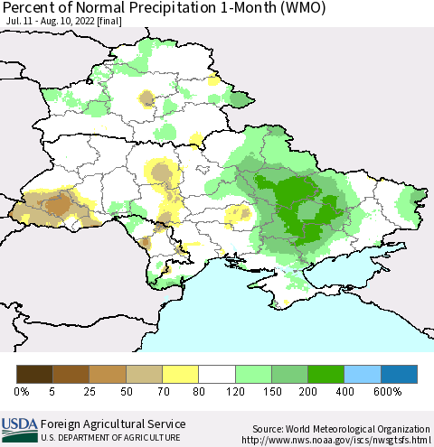 Ukraine, Moldova and Belarus Percent of Normal Precipitation 1-Month (WMO) Thematic Map For 7/11/2022 - 8/10/2022