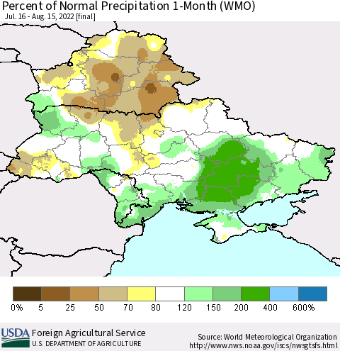 Ukraine, Moldova and Belarus Percent of Normal Precipitation 1-Month (WMO) Thematic Map For 7/16/2022 - 8/15/2022
