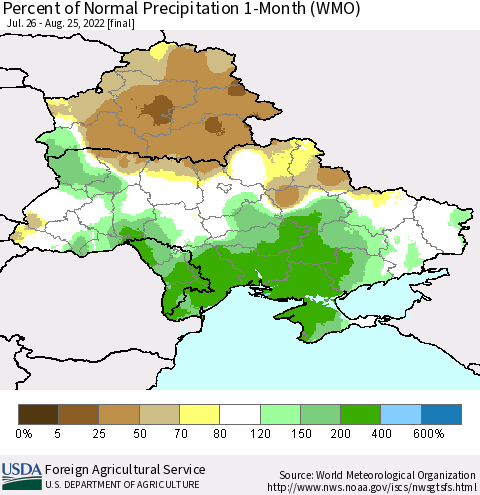 Ukraine, Moldova and Belarus Percent of Normal Precipitation 1-Month (WMO) Thematic Map For 7/26/2022 - 8/25/2022