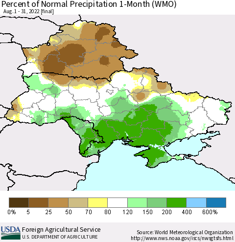 Ukraine, Moldova and Belarus Percent of Normal Precipitation 1-Month (WMO) Thematic Map For 8/1/2022 - 8/31/2022