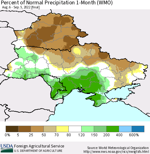 Ukraine, Moldova and Belarus Percent of Normal Precipitation 1-Month (WMO) Thematic Map For 8/6/2022 - 9/5/2022