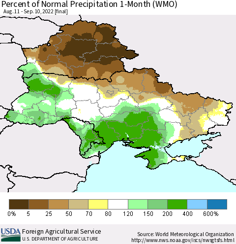 Ukraine, Moldova and Belarus Percent of Normal Precipitation 1-Month (WMO) Thematic Map For 8/11/2022 - 9/10/2022
