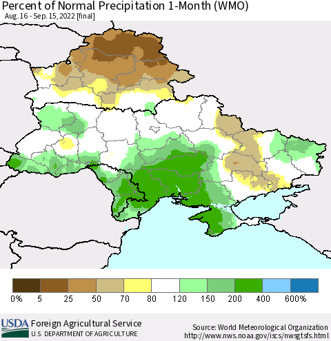 Ukraine, Moldova and Belarus Percent of Normal Precipitation 1-Month (WMO) Thematic Map For 8/16/2022 - 9/15/2022