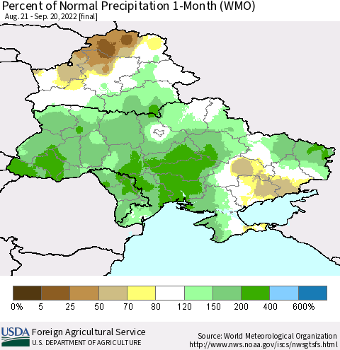 Ukraine, Moldova and Belarus Percent of Normal Precipitation 1-Month (WMO) Thematic Map For 8/21/2022 - 9/20/2022