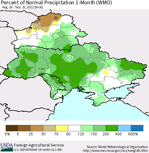 Ukraine, Moldova and Belarus Percent of Normal Precipitation 1-Month (WMO) Thematic Map For 8/26/2022 - 9/25/2022
