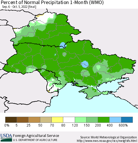 Ukraine, Moldova and Belarus Percent of Normal Precipitation 1-Month (WMO) Thematic Map For 9/6/2022 - 10/5/2022