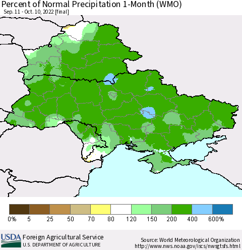 Ukraine, Moldova and Belarus Percent of Normal Precipitation 1-Month (WMO) Thematic Map For 9/11/2022 - 10/10/2022